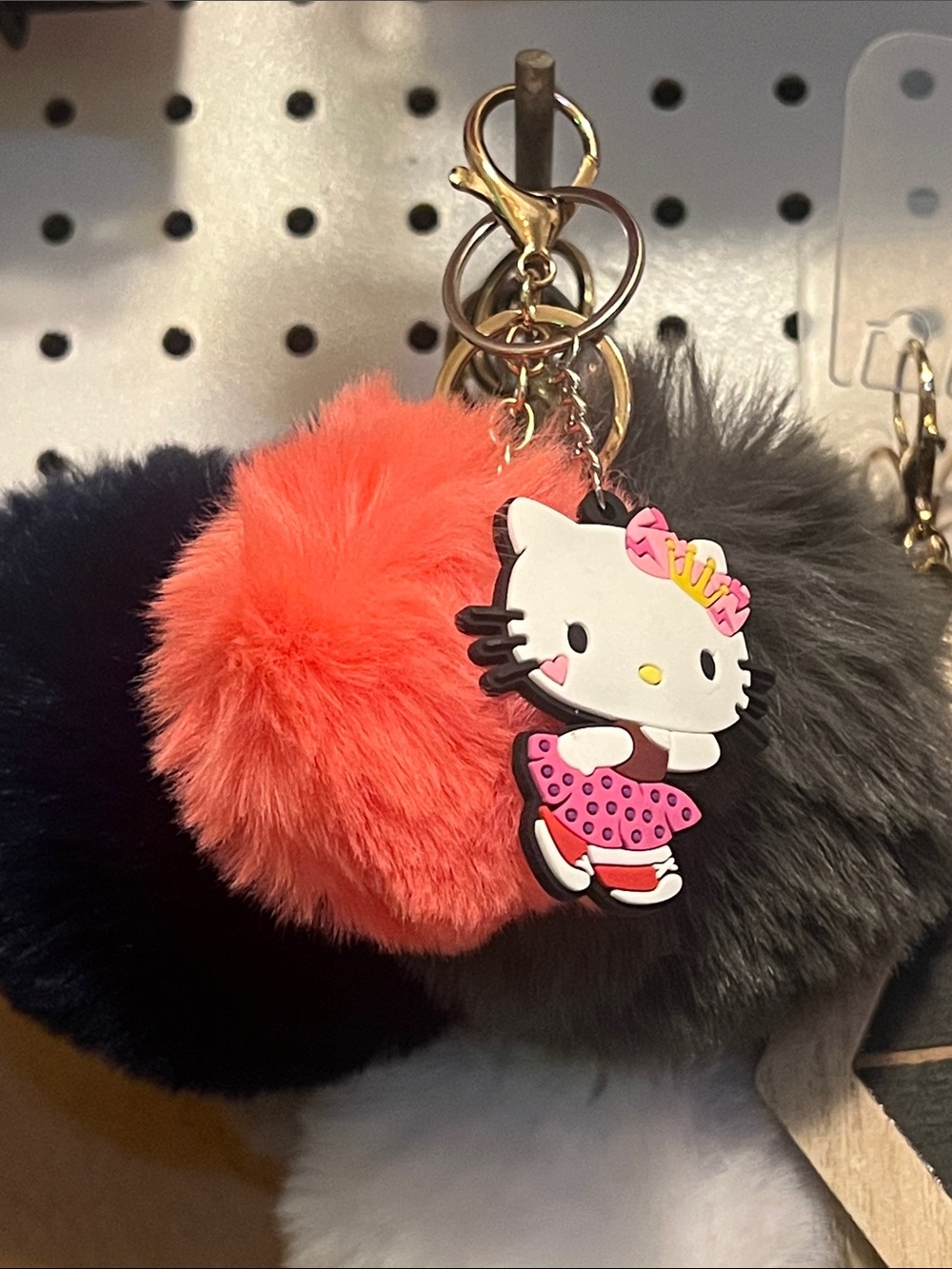 Hello Kitty Orange and Gray Fuzzy Pom-Pom Keychain Charm